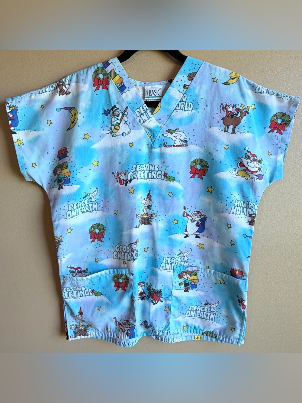 Simply Basic Womens Top Scrub Christmas Blue Cartoon Holiday Short Sleeve Size S